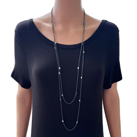 Express Double Strand Long Necklace Dark Gray Chain Crystal Accent - Picture 3 of 6
